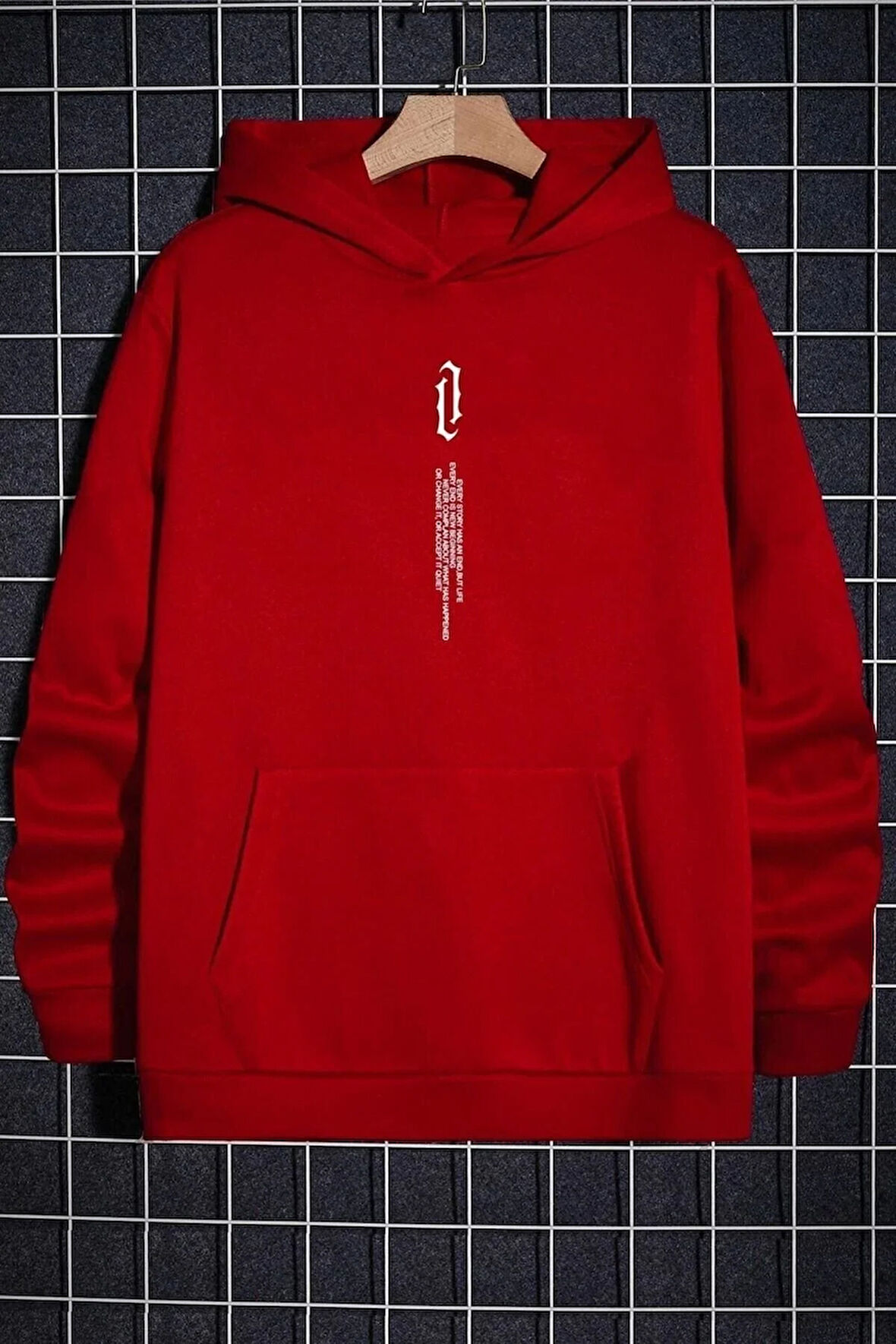 Erkek Kırmızı Göğüs Dikey Baskılı Oversize Kapüşonlu Sweatshirt