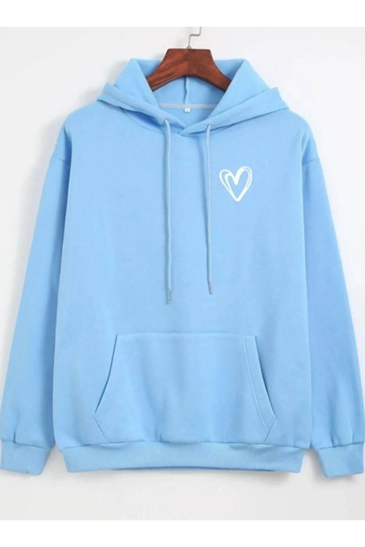 Kadın Bebe Mavi Kalp Baskılı Kapşonlu Oversize Sweatshirt