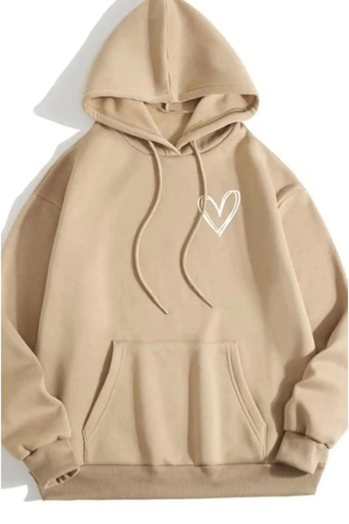 Kadın Bej Kalp Baskılı Kapşonlu Oversize Sweatshirt