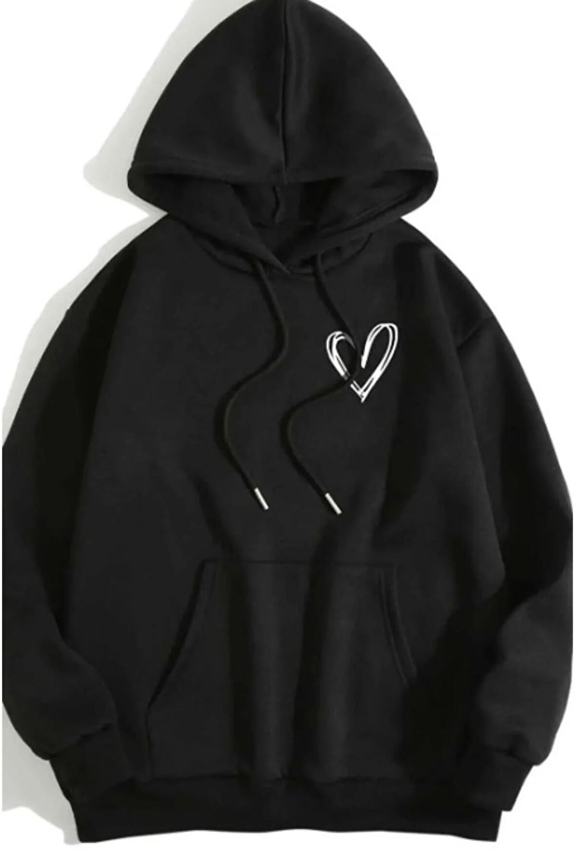 Kadın Siyah Kalp Baskılı Kapşonlu Oversize Sweatshirt