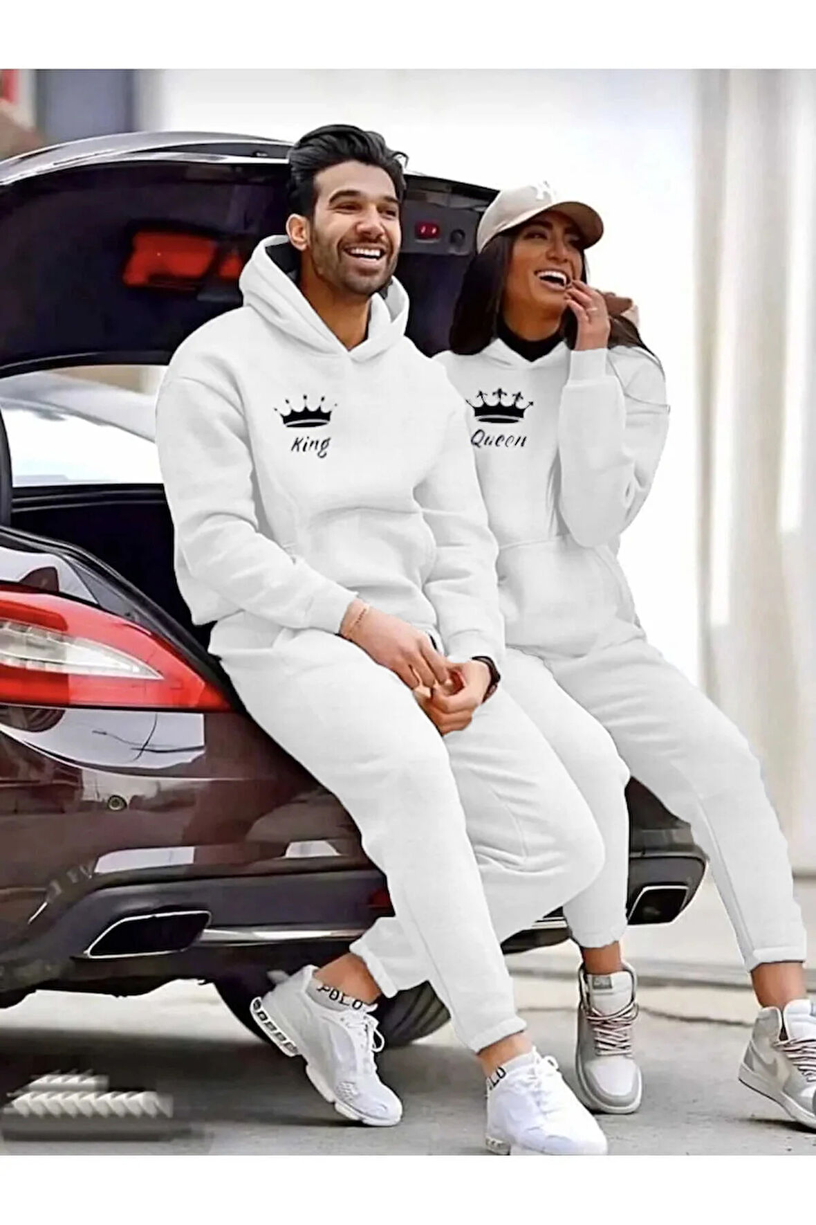 Sevgili Çift Kombini Üç iplik King Ve Queen Baskılı Alt-Üst Eşofman Takımı 2'li Set