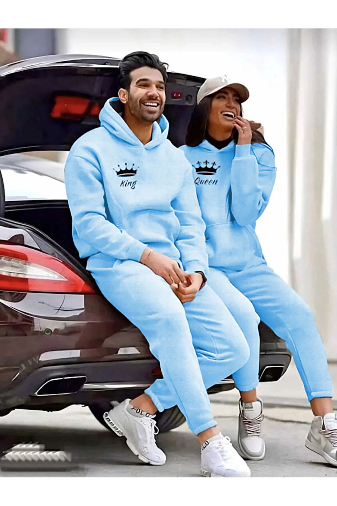 Sevgili Çift Kombini Üç iplik King Ve Queen Baskılı Alt-Üst Eşofman Takımı 2'li Set