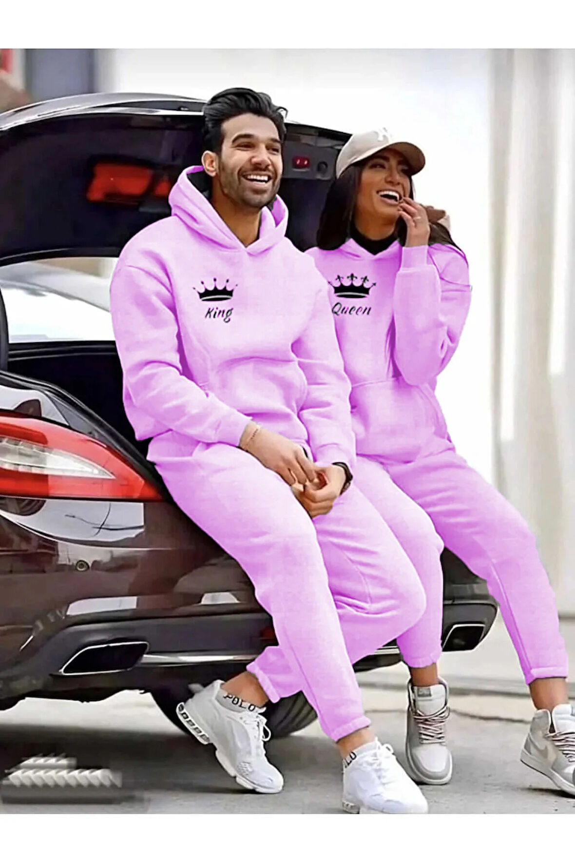 Sevgili Çift Kombini Üç iplik King Ve Queen Baskılı Alt-Üst Eşofman Takımı 2'li Set