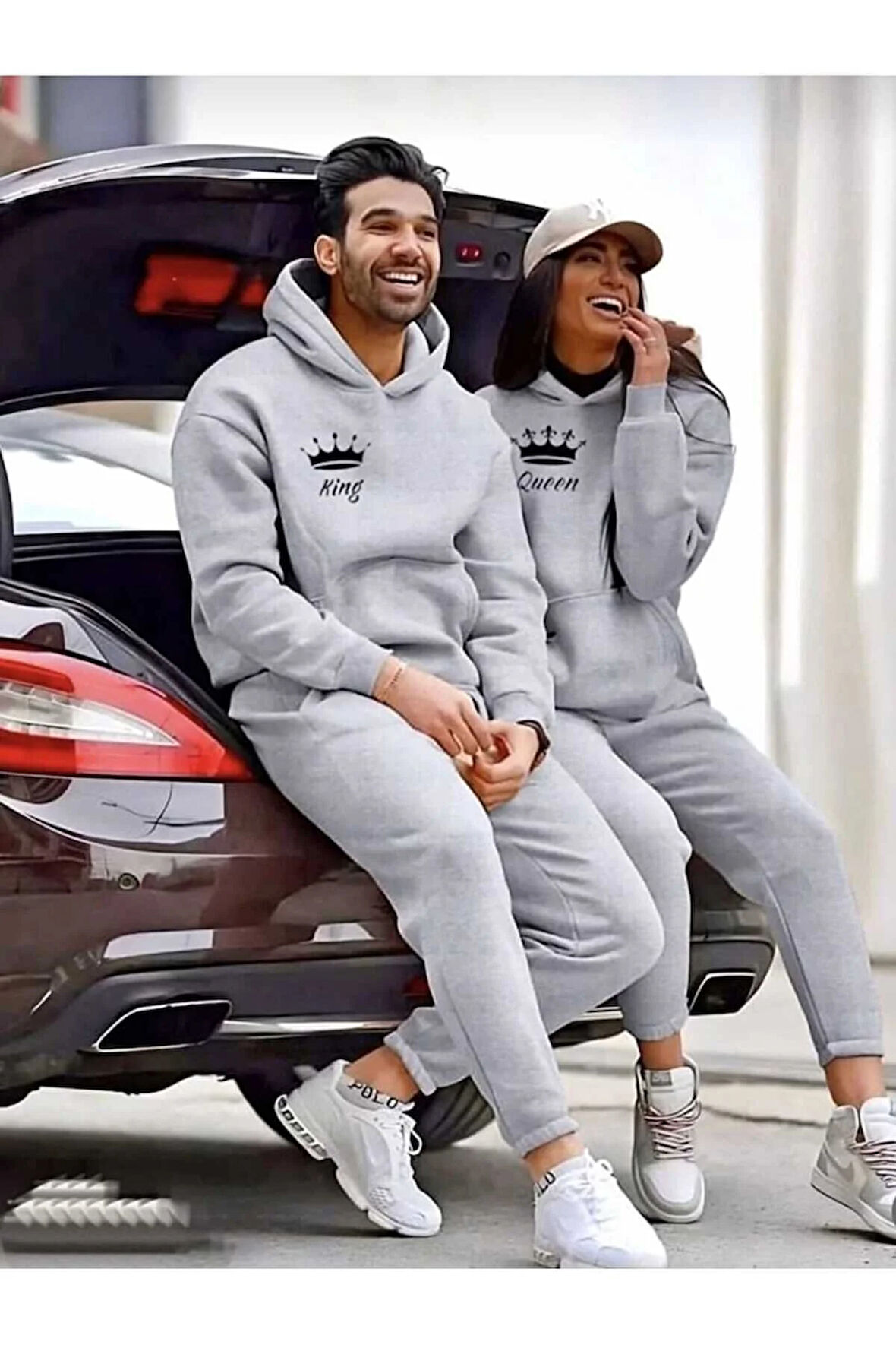 Sevgili Çift Kombini Üç iplik King Ve Queen Baskılı Alt-Üst Eşofman Takımı 2'li Set