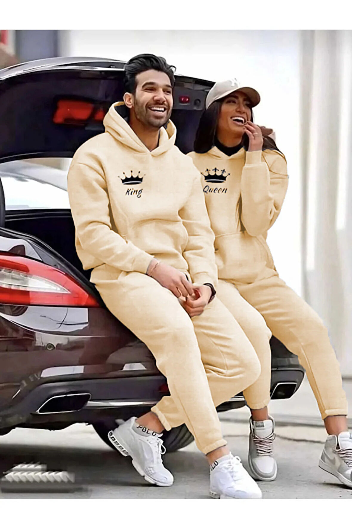 Sevgili Çift Kombini Üç iplik King Ve Queen Baskılı Alt-Üst Eşofman Takımı 2'li Set