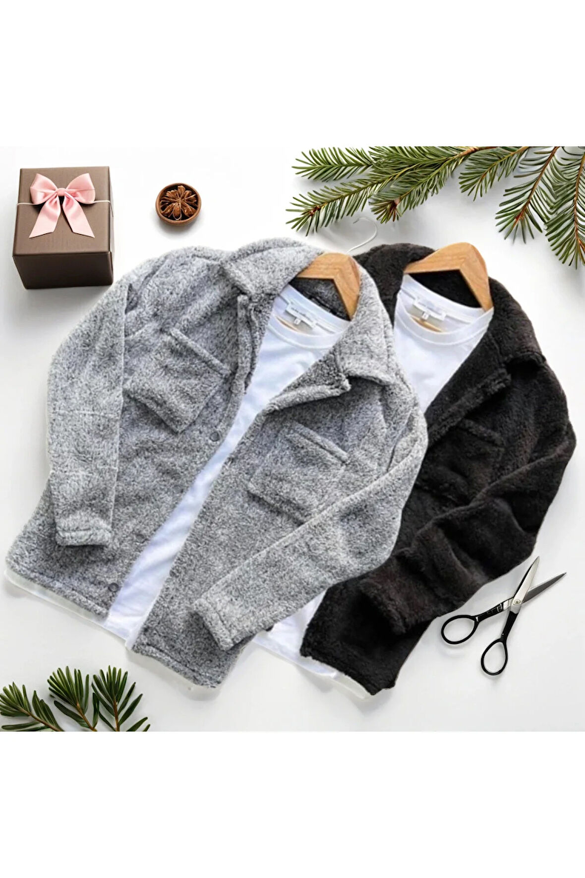 Unisex 2'li Peluş Polar Hırka Gömlek