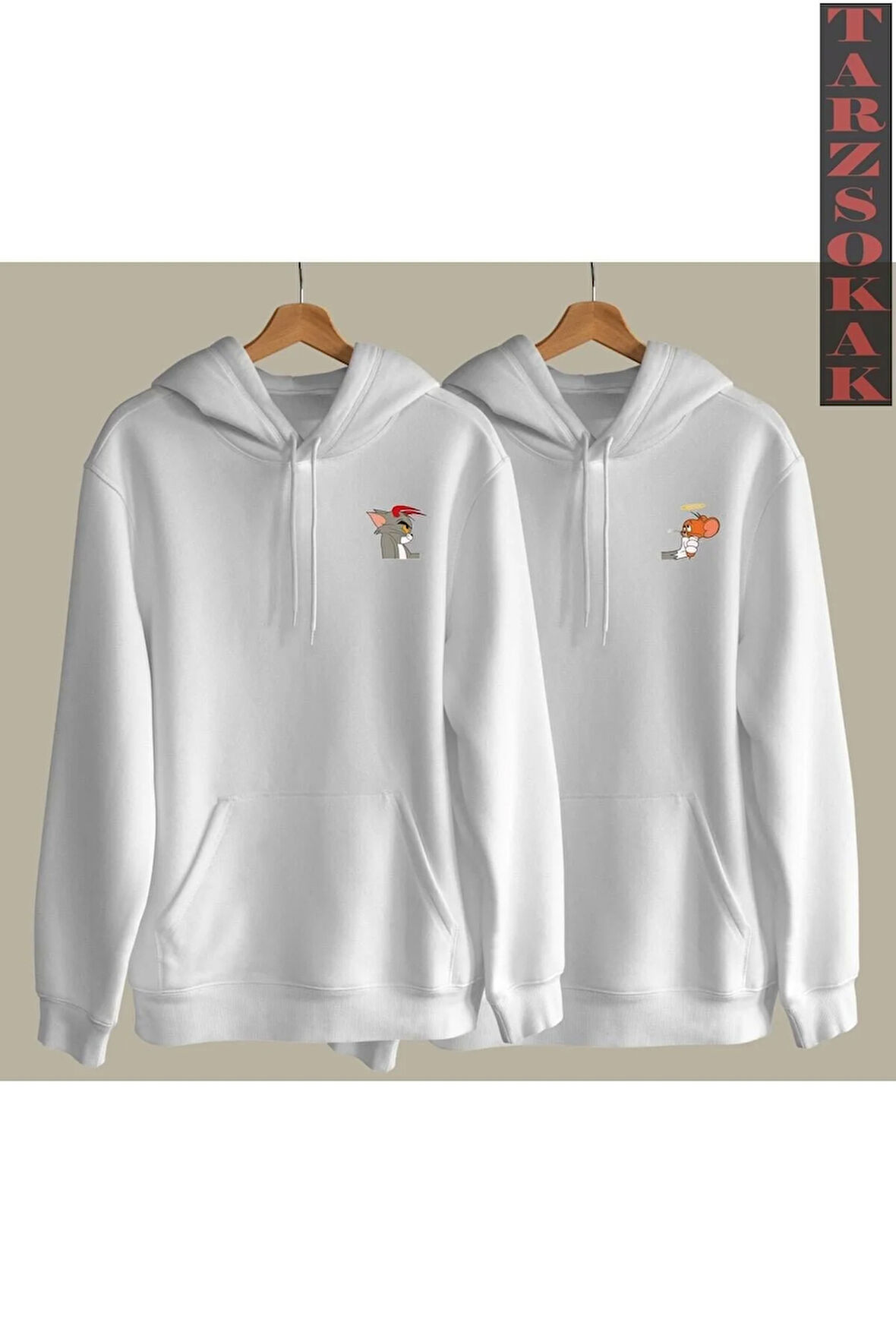 Tom Ve Jerry Tasarımlı Sevgili Çift Kombin Kapüşonlu Sweatshirt 2'li