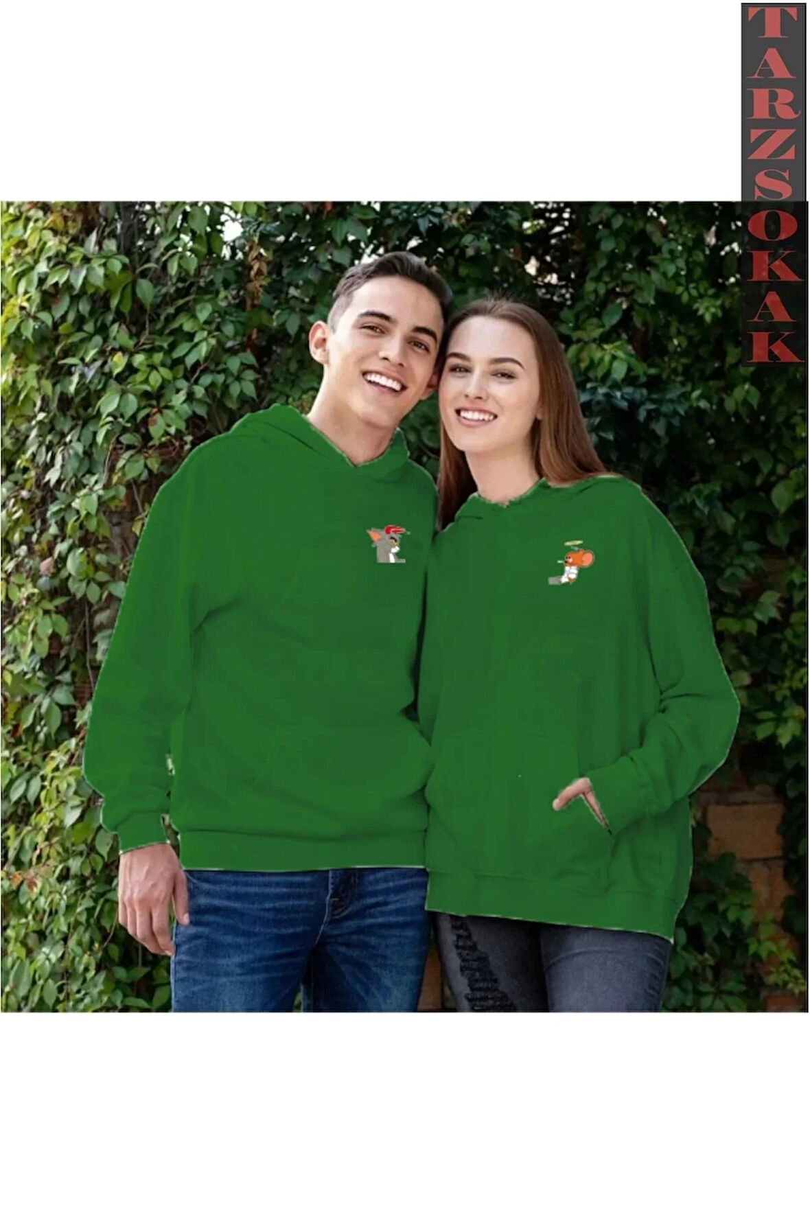 Tom Ve Jerry Tasarımlı Sevgili Çift Kombin Kapüşonlu Sweatshirt 2'li