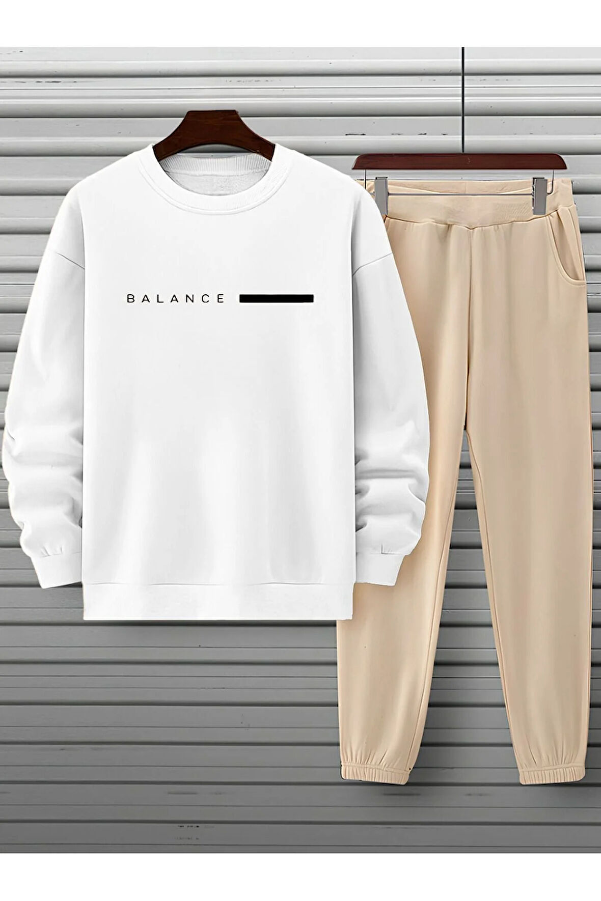 Unisex Beyaz Bej Eşofman Takımı BALANCE baskılı Şardonlu