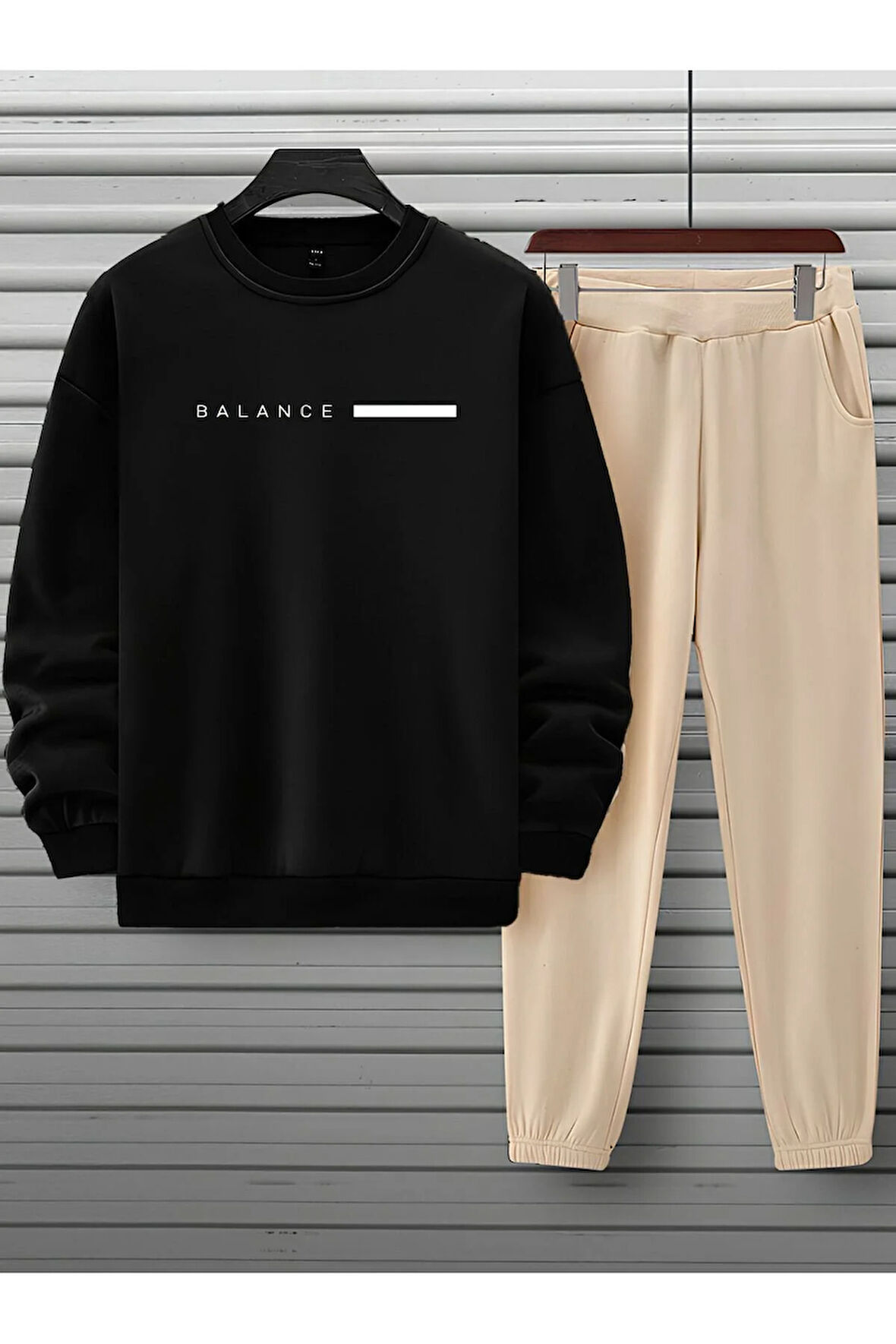 Unisex Siyah Bej Eşofman Takımı BALANCE baskılı Şardonlu