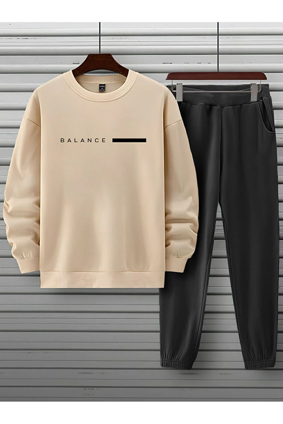 Unisex Bej Siyah Eşofman Takımı BALANCE baskılı Şardonlu