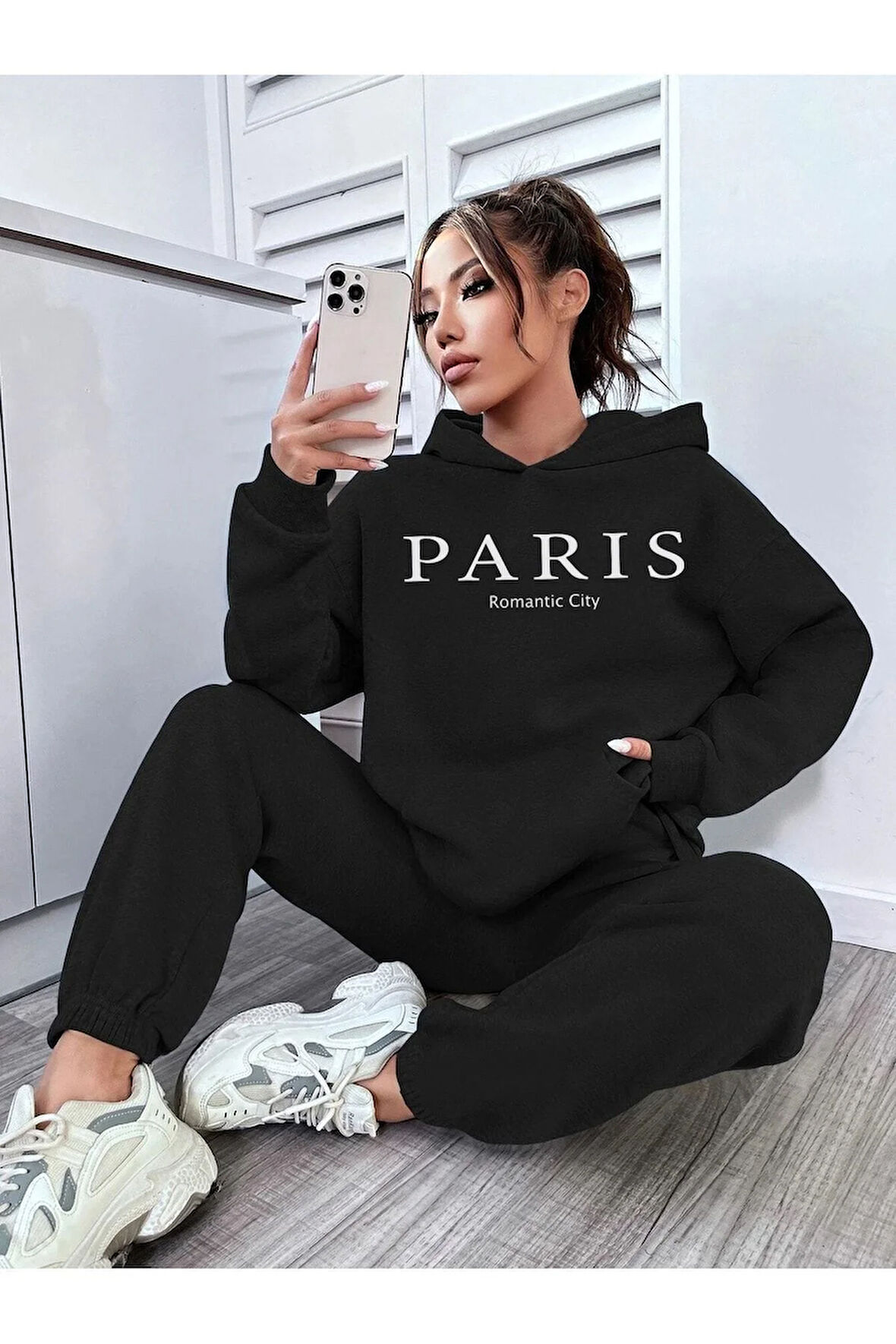 Paris Romantic City Siyah Baskılı Eşofman Takımı Kapüşonlu