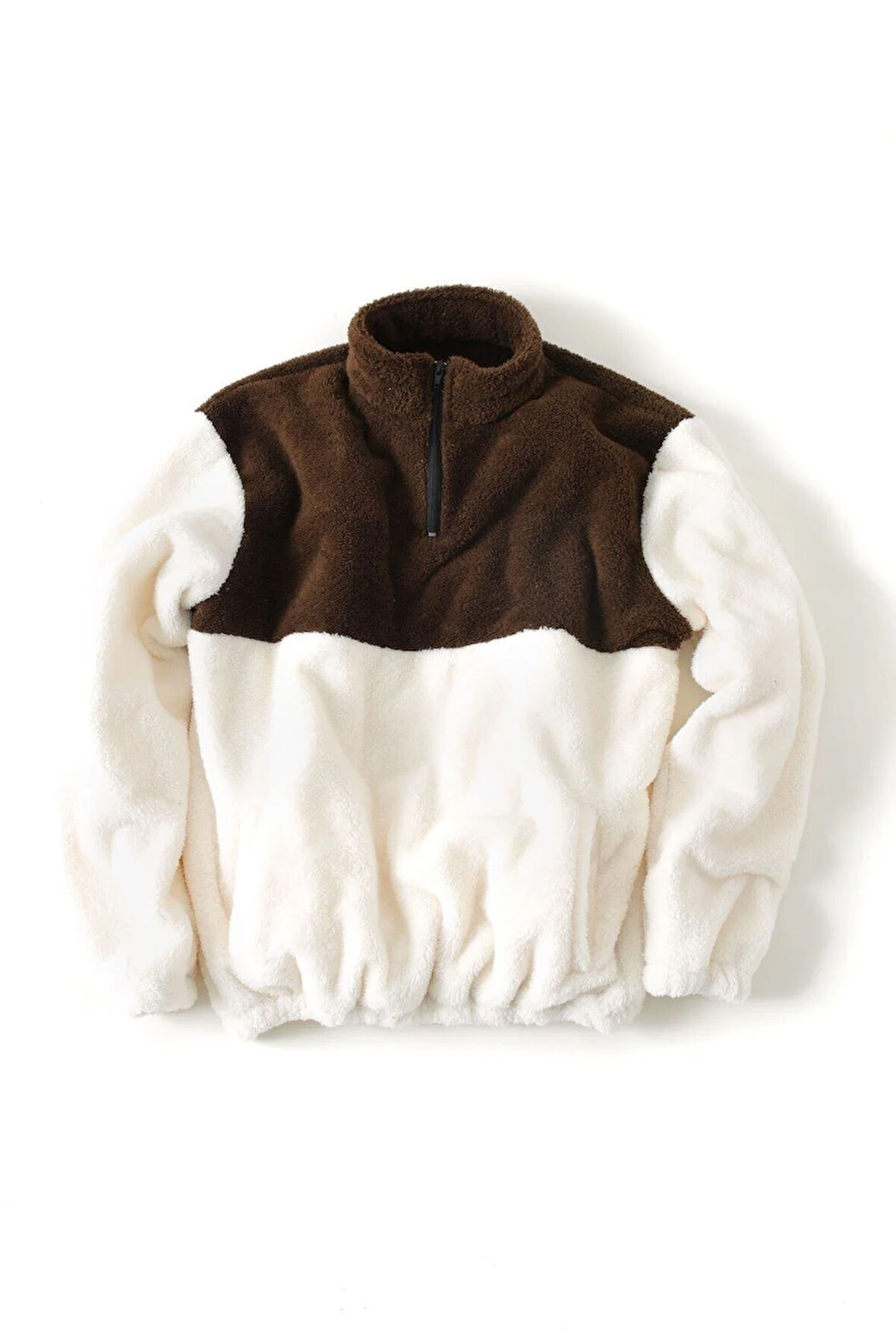 Erkek Oversize Cep Detaylı Yaka Fermuarlı Kahverengi Pelüş Sweat