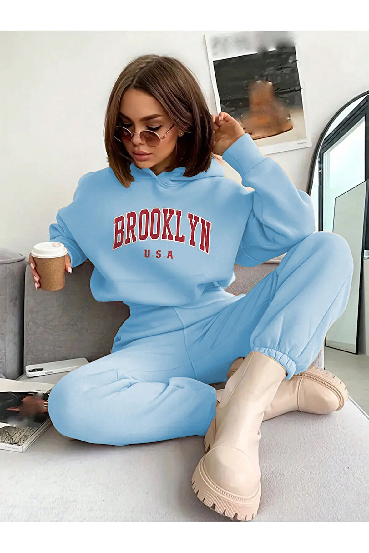 Brooklyn Usa Kapüşonlu Kombin Alt Üst Eşofman Takımı - Bebe Mavi Baskılı Oversize Lastik Paça