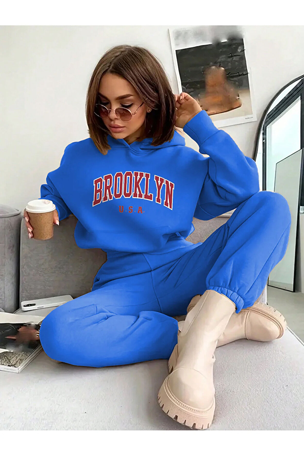 Brooklyn Usa Kapüşonlu Kombin Alt Üst Eşofman Takımı - Sax Mavi Baskılı Oversize Lastik Paça