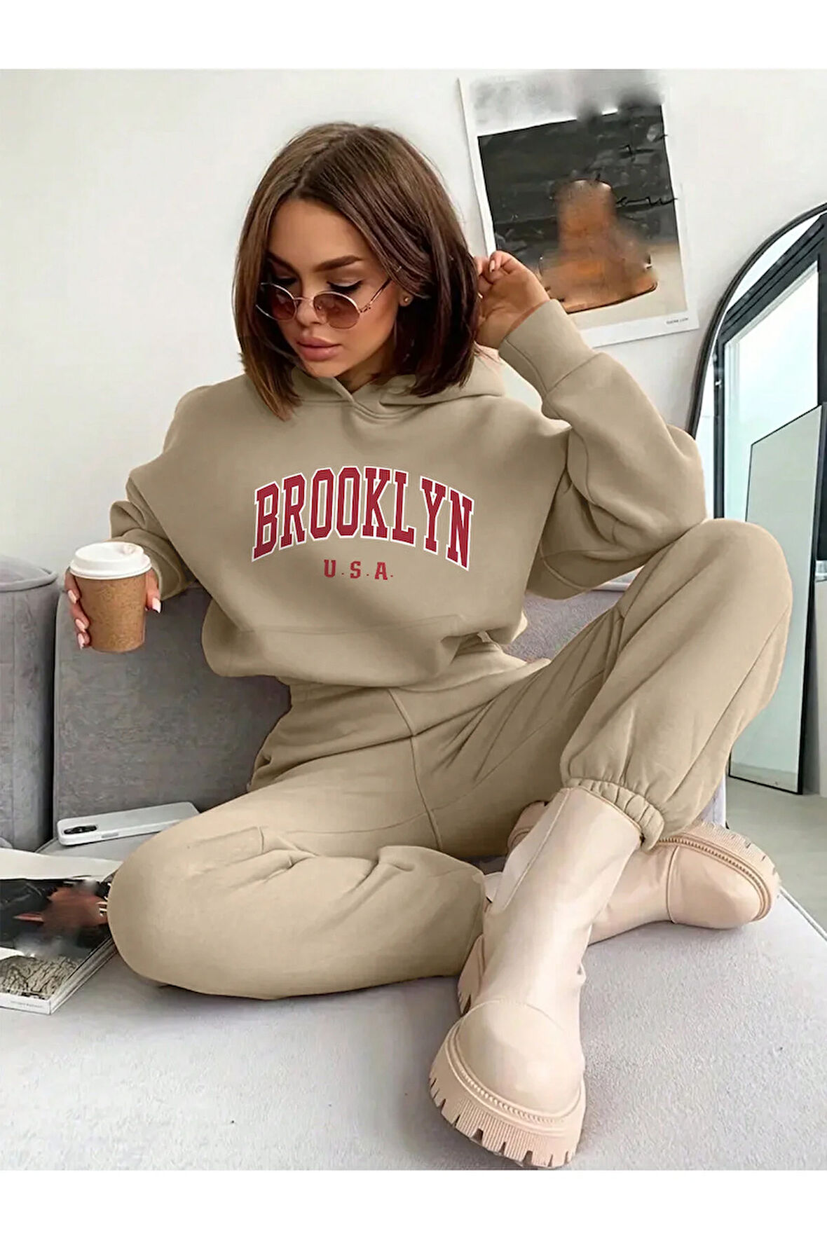 Brooklyn Usa Kapüşonlu Kombin Alt Üst Eşofman Takımı - Bej Baskılı Oversize Lastik Paça