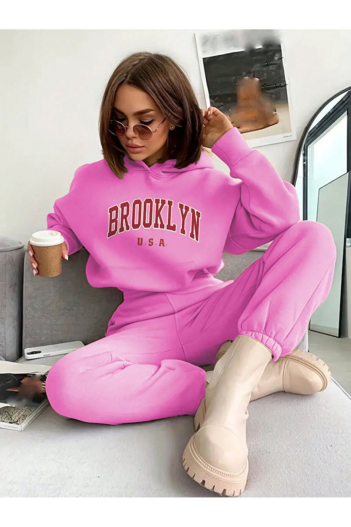 Brooklyn Usa Kapüşonlu Kombin Alt Üst Eşofman Takımı - Pembe Baskılı Oversize Lastik Paça