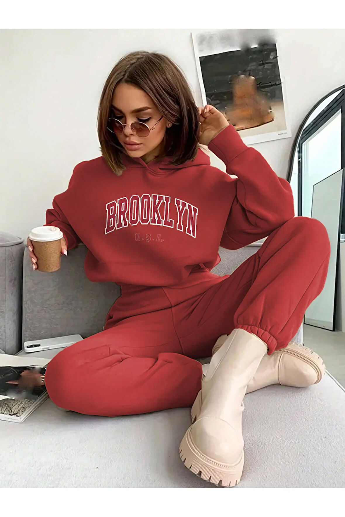 Brooklyn Usa Kapüşonlu Kombin Alt Üst Eşofman Takımı - Kırmızı Baskılı Oversize Lastik Paça