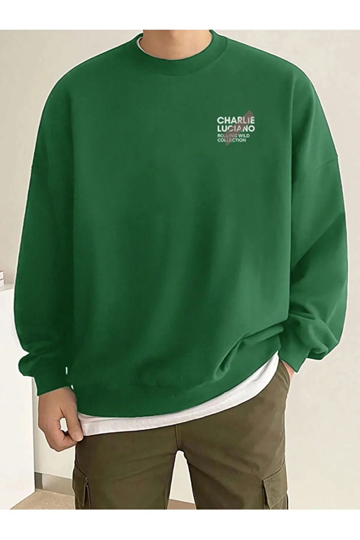Charlie Luciano Tasarım Kışlık Sweatshirt - Nefti Yeşil Baskılı Oversize Şardonlu Bisiklet Yaka