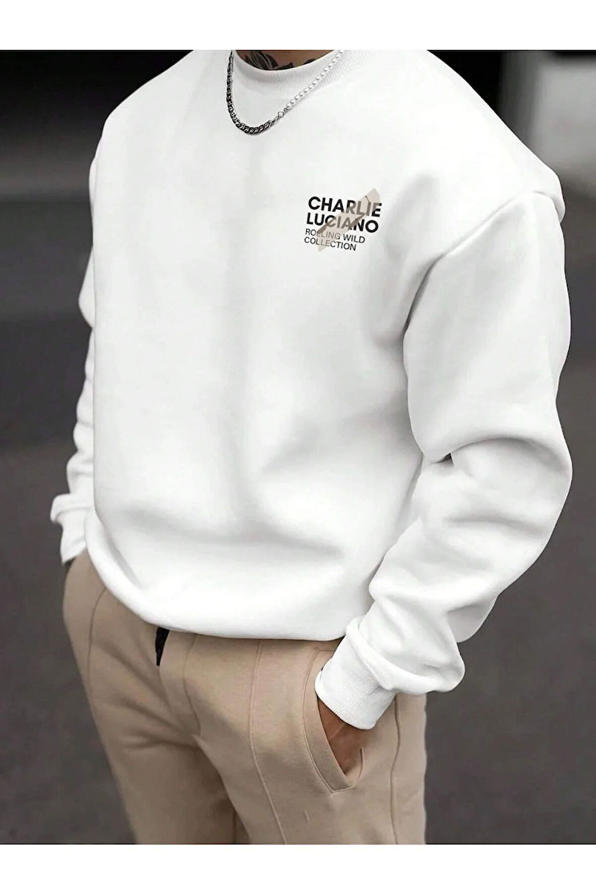 Charlie Luciano Tasarım Kışlık Sweatshirt - Beyaz Baskılı Oversize Şardonlu Bisiklet Yaka