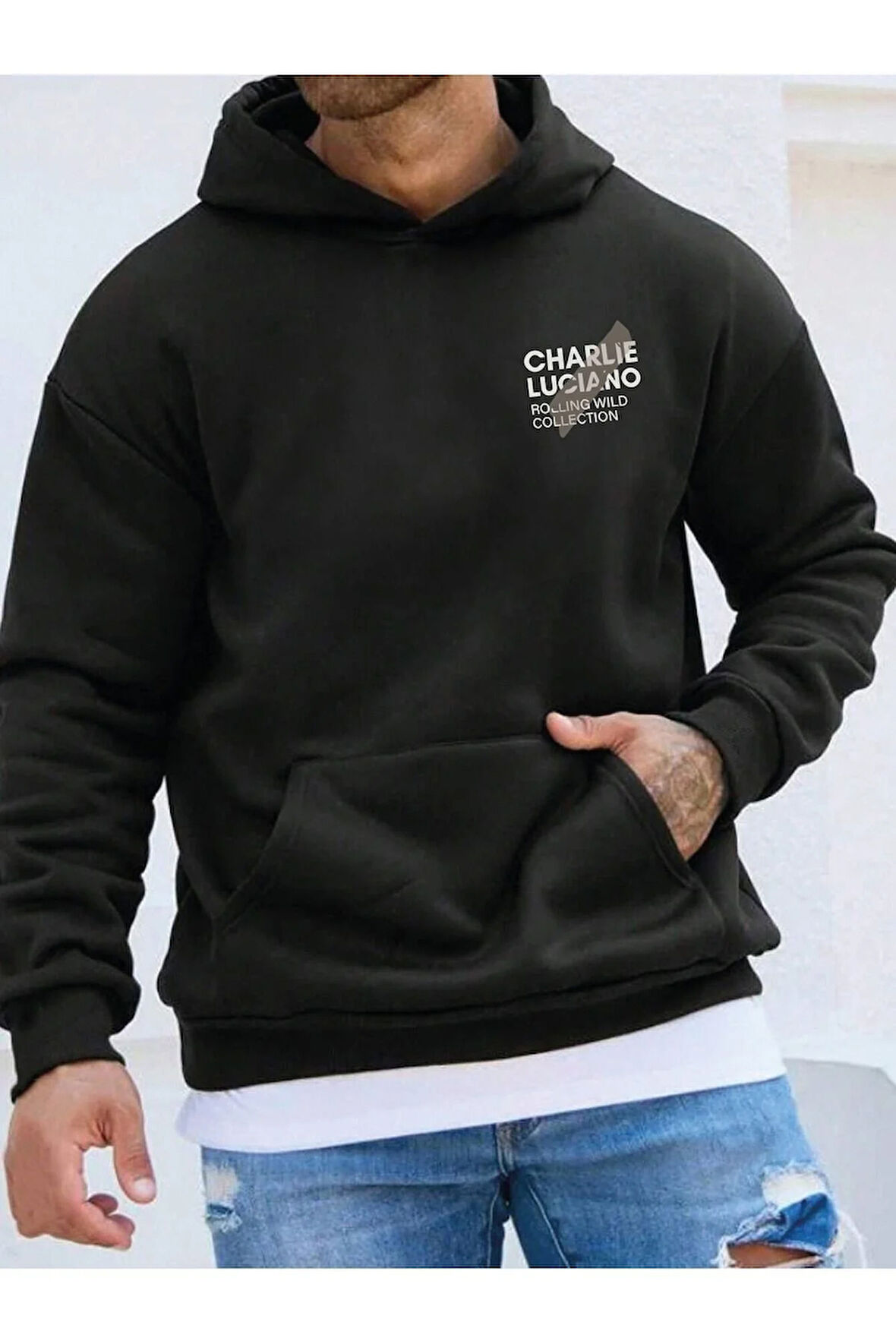 Charlie Luciano Tasarım Kışlık Sweatshirt - Siyah Baskılı Oversize Şardonlu Kapüşonlu