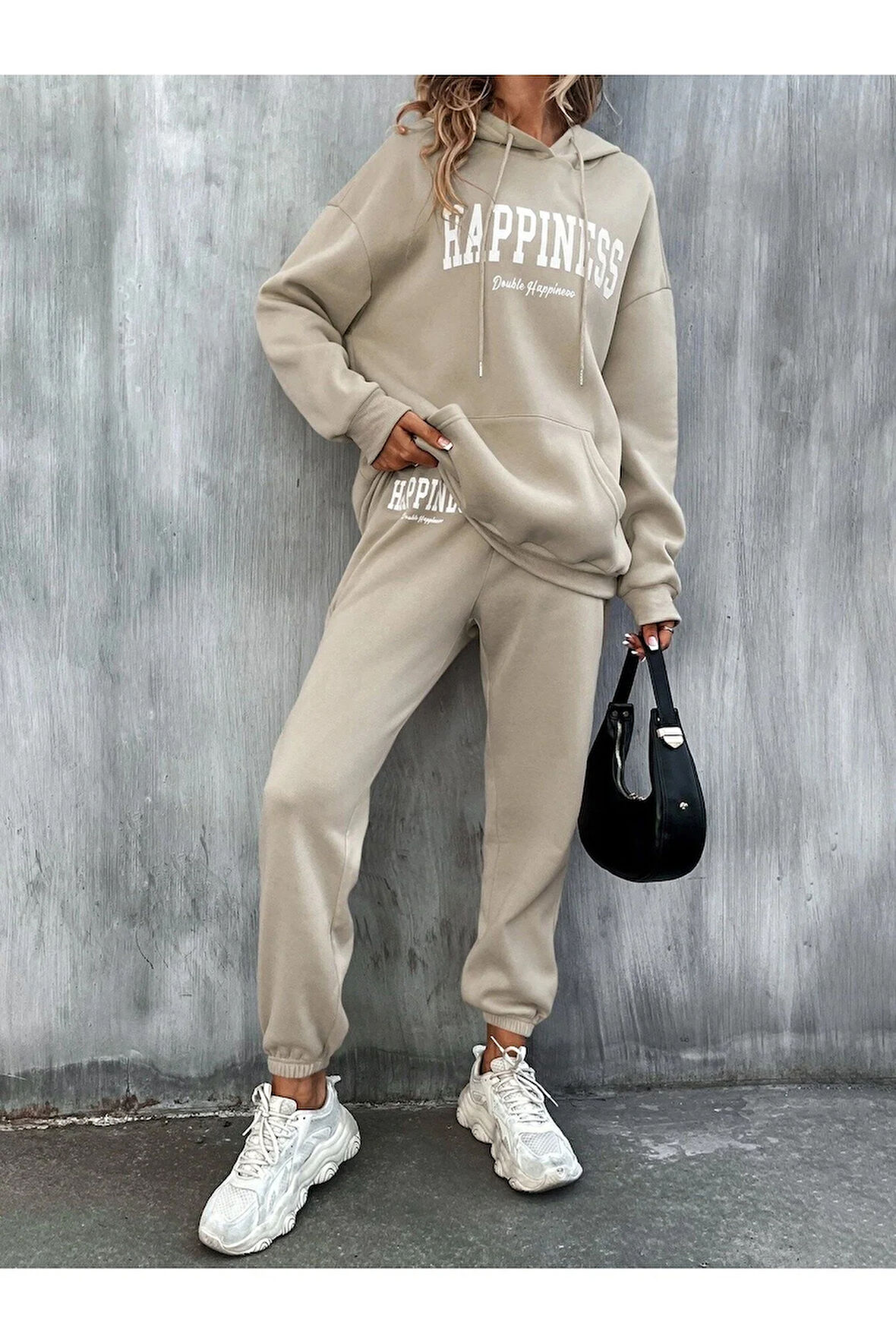 Kadın Bej Happiness Alt Üst Eşofman Takımı Oversize Kapüşonlu