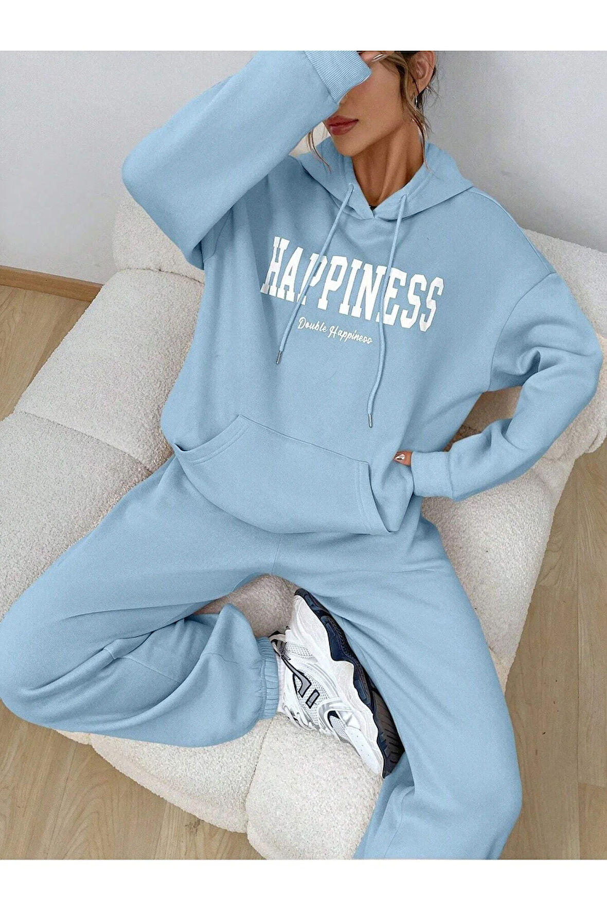 Kadın Bebe Mavi Happiness Alt Üst Eşofman Takımı Oversize Kapüşonlu