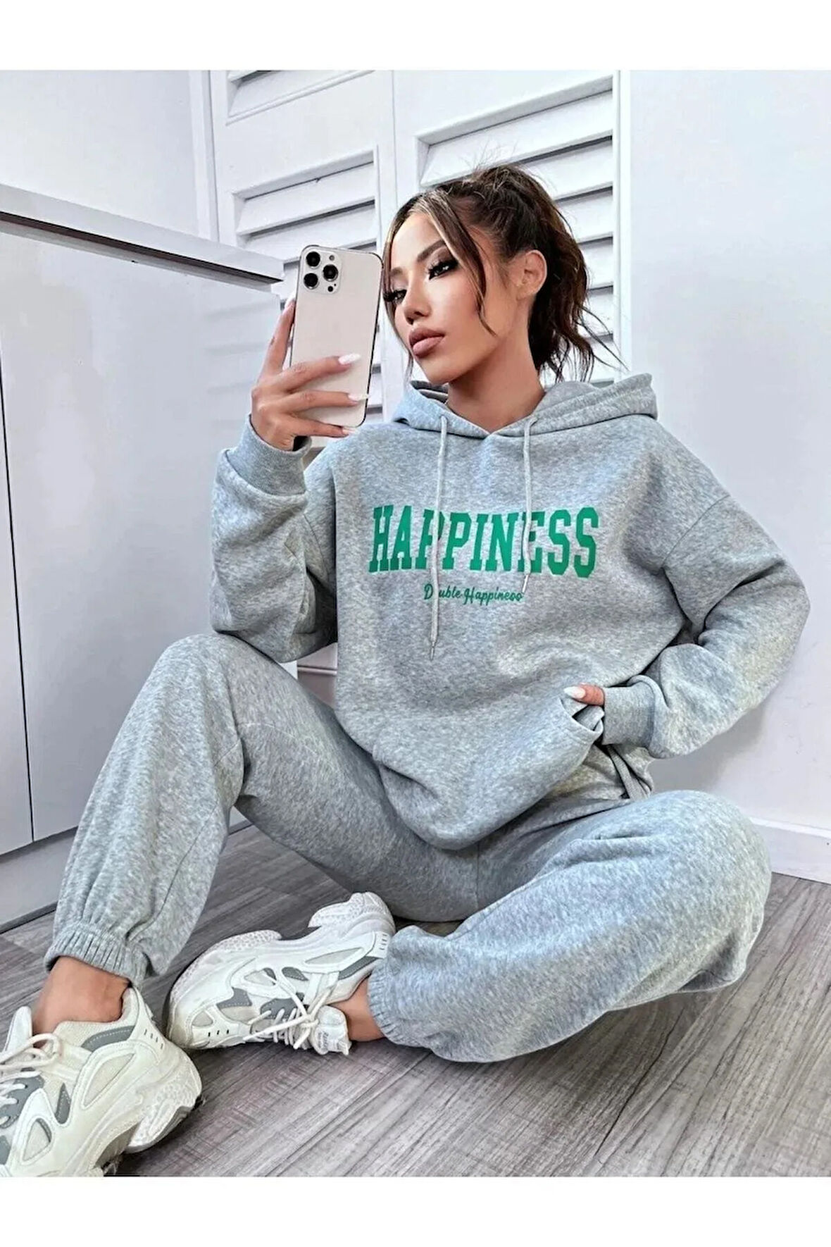 Kadın Gri Happiness Alt Üst Eşofman Takımı Oversize Kapüşonlu