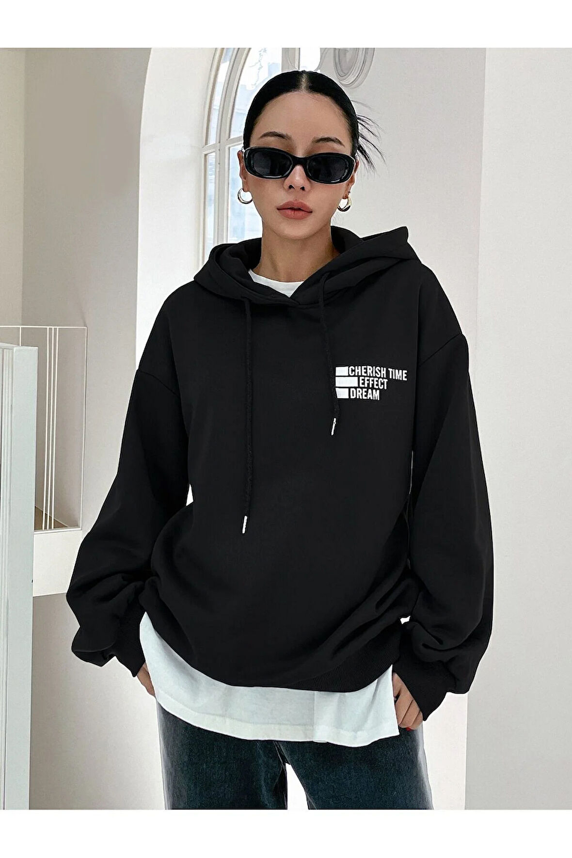 Cherish Time Sweatshirt - Siyah Baskılı Oversize Şardonlu Kapüşonlu