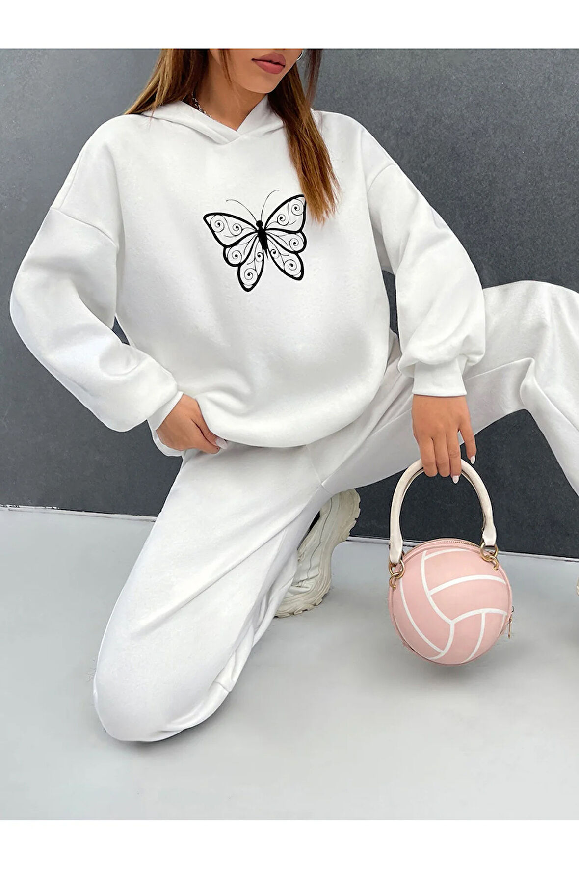 Kelebek Gül Sweatshirt Baskılı Eşofman Takımı Kapüşonlu