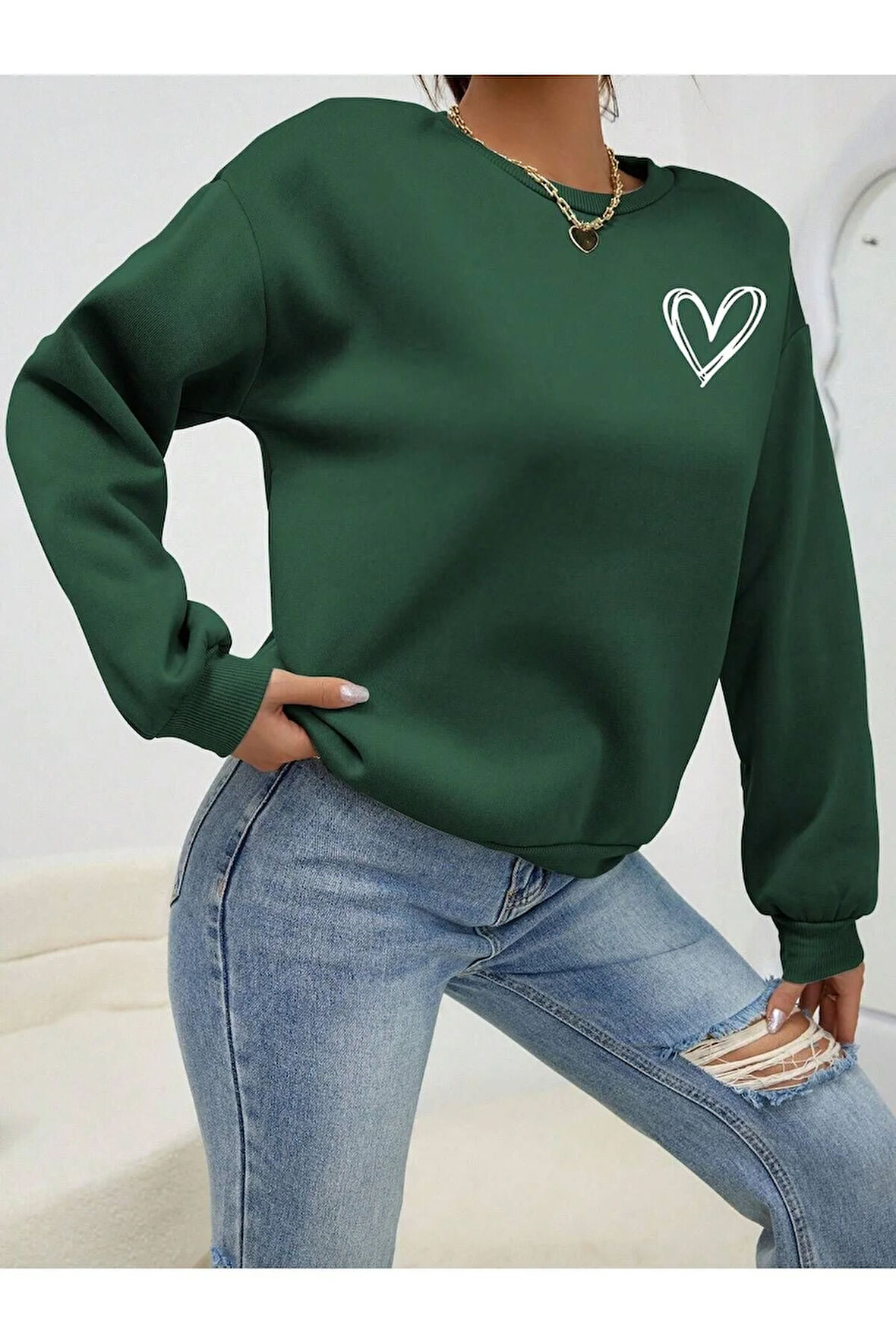 Mini Kalp Logo Kalın Kışlık Sweatshirt - Nefti Yeşil Baskılı Oversize Şardonlu Bisiklet Yaka