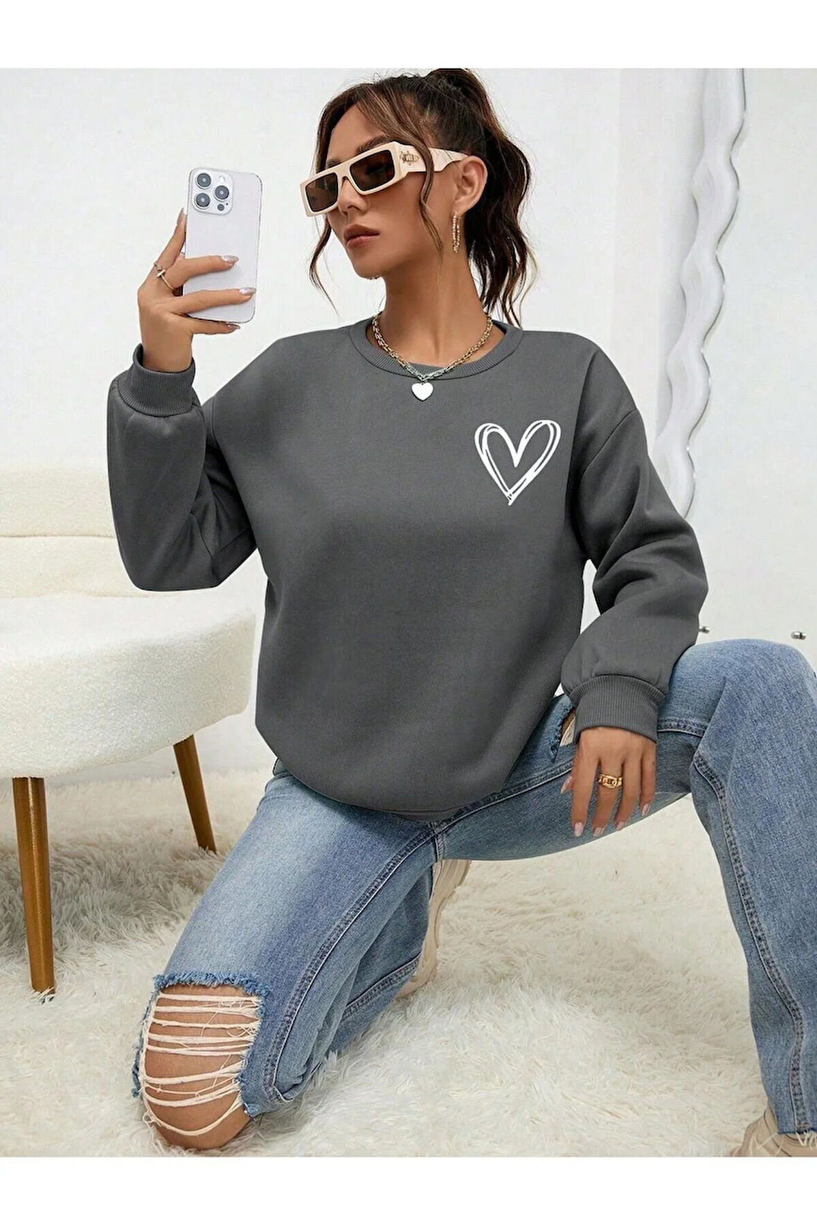 Mini Kalp Logo Kalın Kışlık Sweatshirt - Füme Baskılı Oversize Şardonlu Bisiklet Yaka