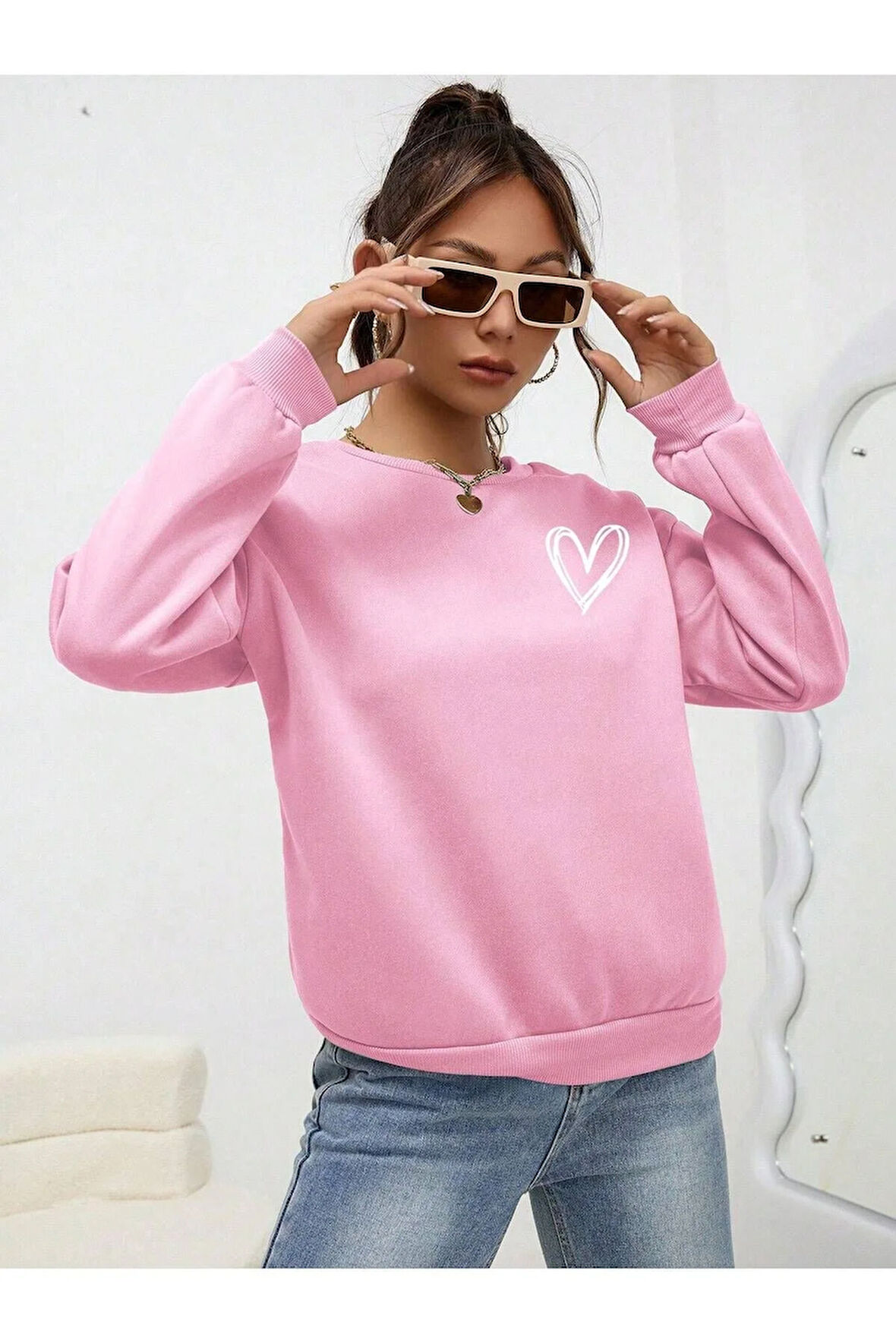 Mini Kalp Logo Kalın Kışlık Sweatshirt - Pembe Baskılı Oversize Şardonlu Bisiklet Yaka