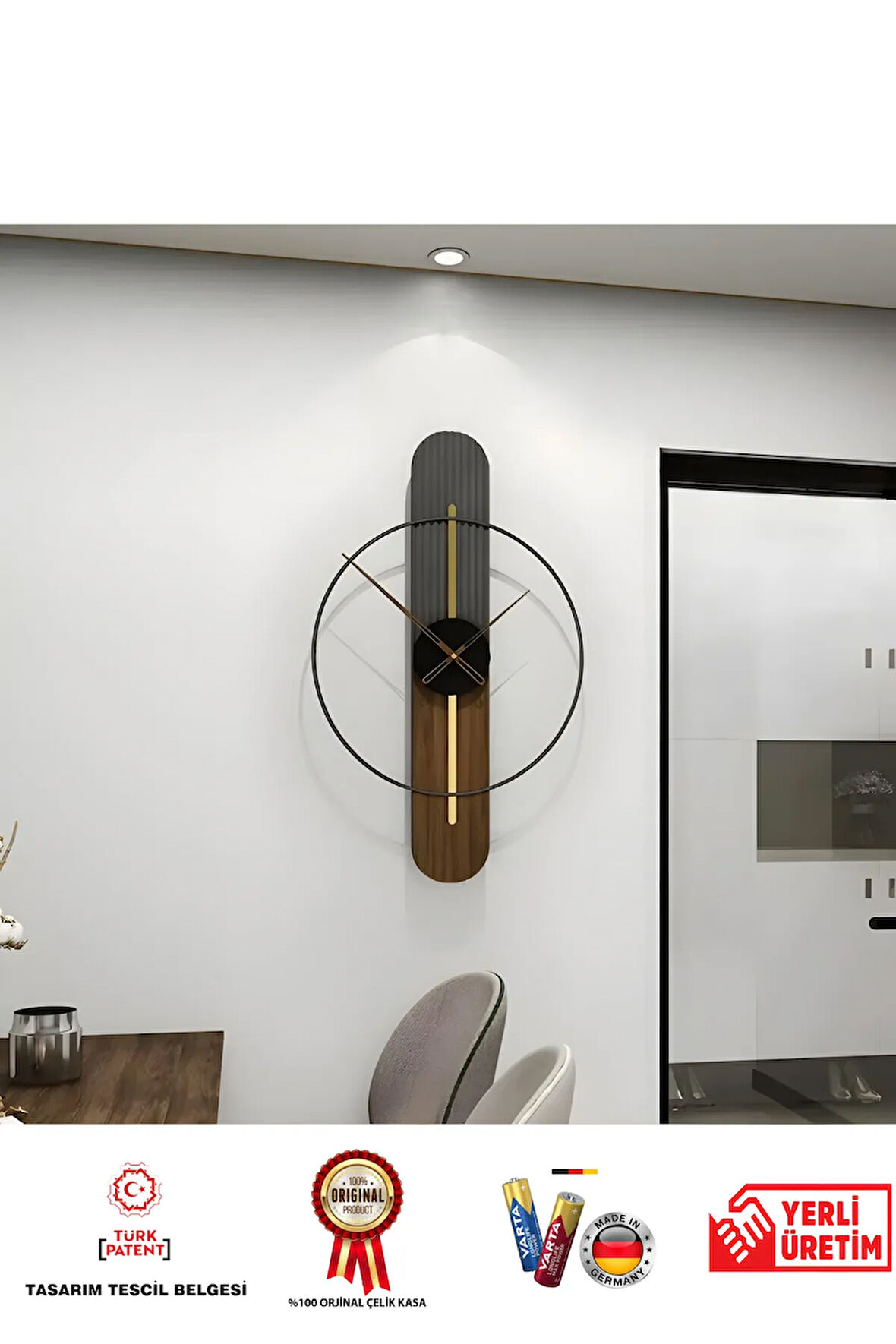 Sahra Elegant Plus 90 Cm , Modern Dekoratif Ahşap Metal Duvar Saati