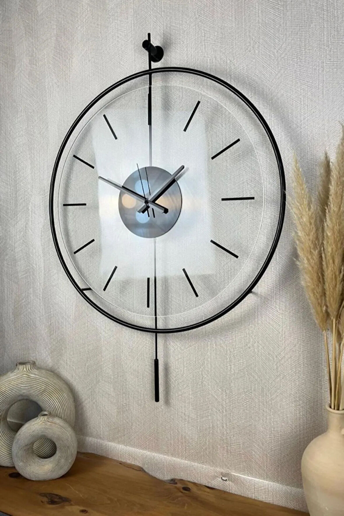 Massive Siyah Orta Boy (37X55CM) - Camlı Modern Sarkaçlı Metal Duvar Saati