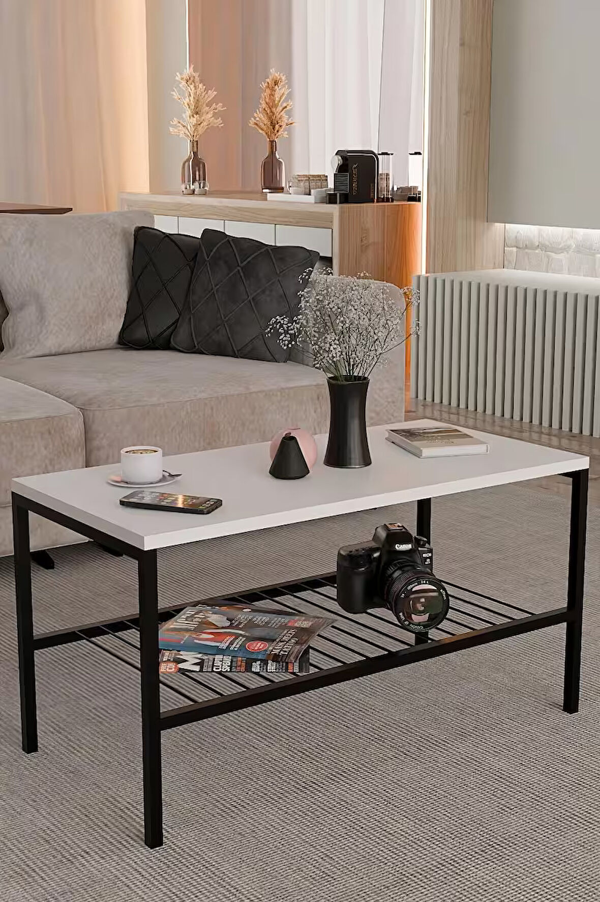 Metal Ayaklı Orta Sehpa,Modern Salon Sehpası, Dekoratif Çay Kahve Sehpası, Alt Raflı Çok Amaçlı Masa