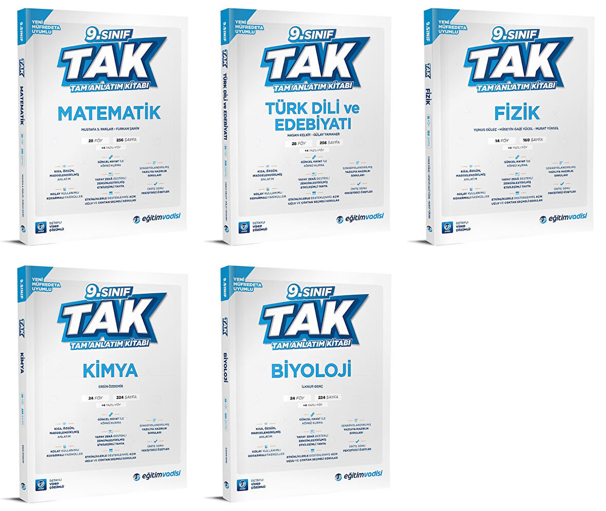 Eğitim Vadisi 2025 9. Sınıf Matematik + Edebiyat + Fizik + Kimya + Biyoloji Tak Tam Anlatım Seti 5 Kitap