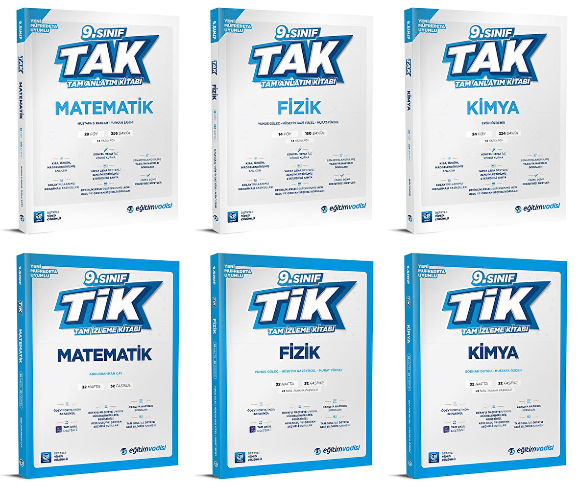 Eğitim Vadisi 2025 9. Sınıf Matematik + Fizik + Kimya Tak Tam Anlatım + Tik Tam İzleme Seti 6 Kitap