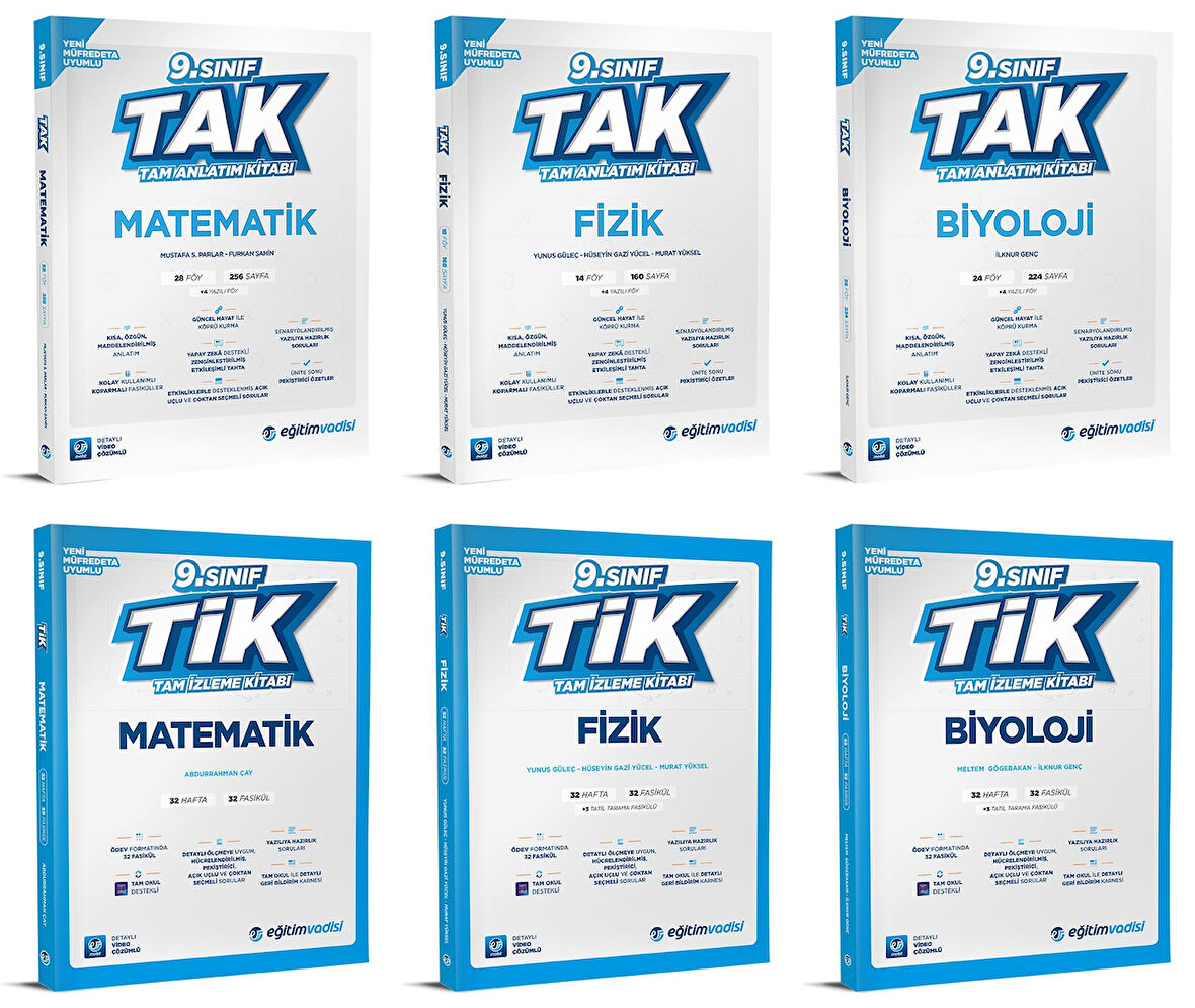Eğitim Vadisi 2025 9. Sınıf Matematik + Fizik + Biyoloji Tak Tam Anlatım + Tik Tam İzleme Seti 6 Kitap