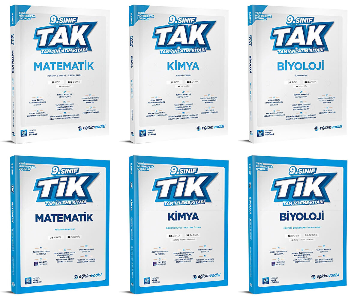 Eğitim Vadisi 2025 9. Sınıf Matematik + Kimya + Biyoloji Tak Tam Anlatım + Tik Tam İzleme Seti 6 Kitap