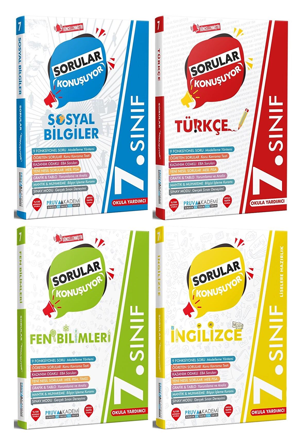 Pruva Akademi 7. Sınıf Sosyal + Türkçe + Fen + İngilizce Soru Seti 4 Kitap 2023