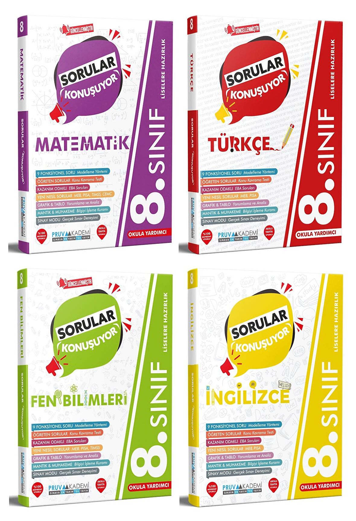Pruva Akademi 8. Sınıf Matematik + Türkçe + Fen + İngilizce Sorular Konuşuyor Seti 4 Kitap 2023