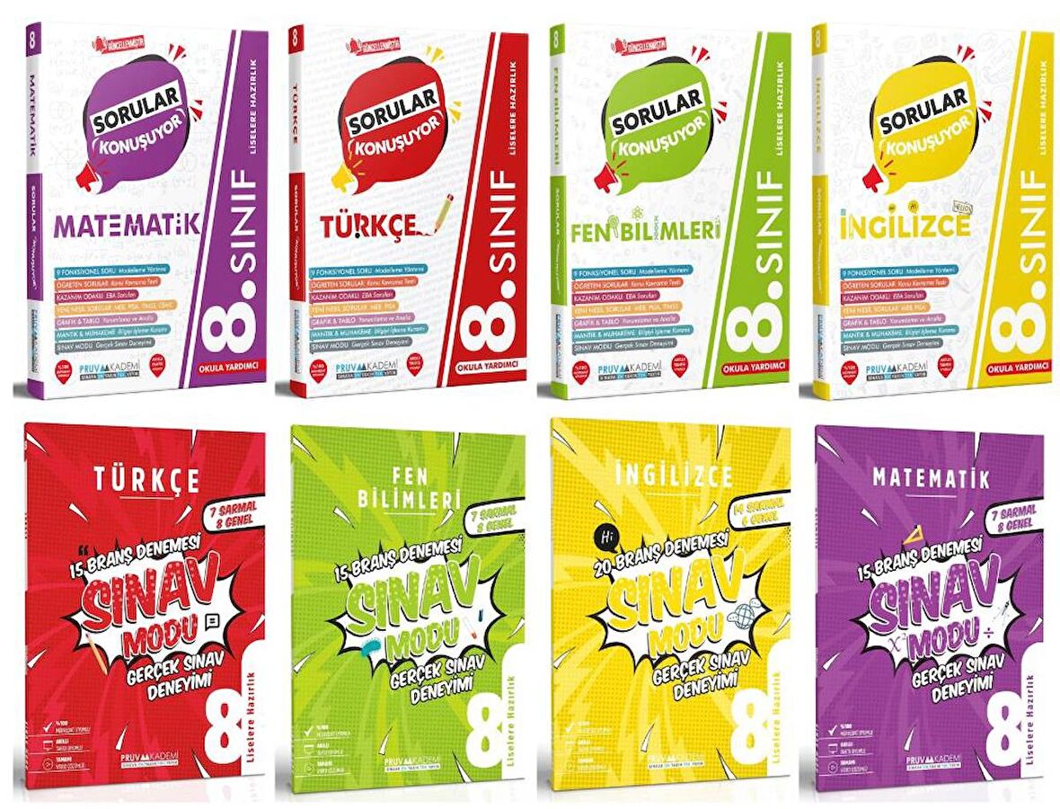 Pruva Akademi 8. Sınıf Matematik + Türkçe + Din + İngilizce Sorular Konuşuyor + Deneme Seti 8 Kitap 2023