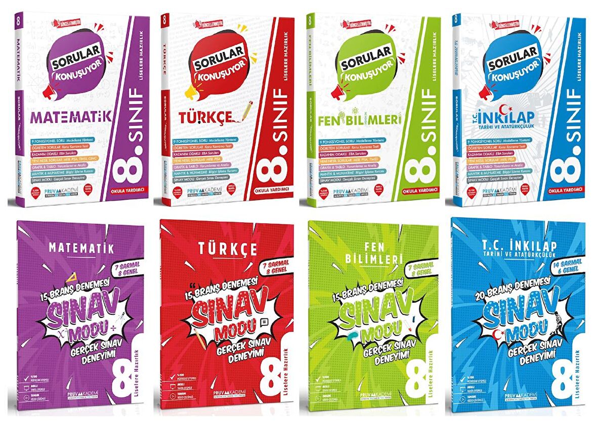Pruva Akademi 8. Sınıf Matematik + Türkçe + Fen + İngilizce Sorular Konuşuyor + Deneme Seti 8 Kitap 2023
