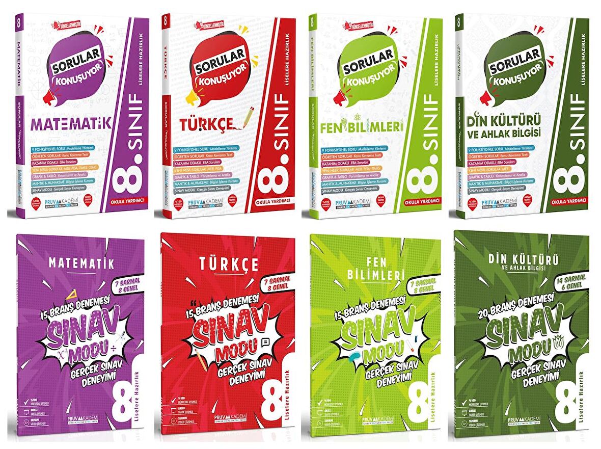 Pruva Akademi 8. Sınıf Matematik + Türkçe + Fen + Din Sorular Konuşuyor + Deneme Seti 8 Kitap 2023