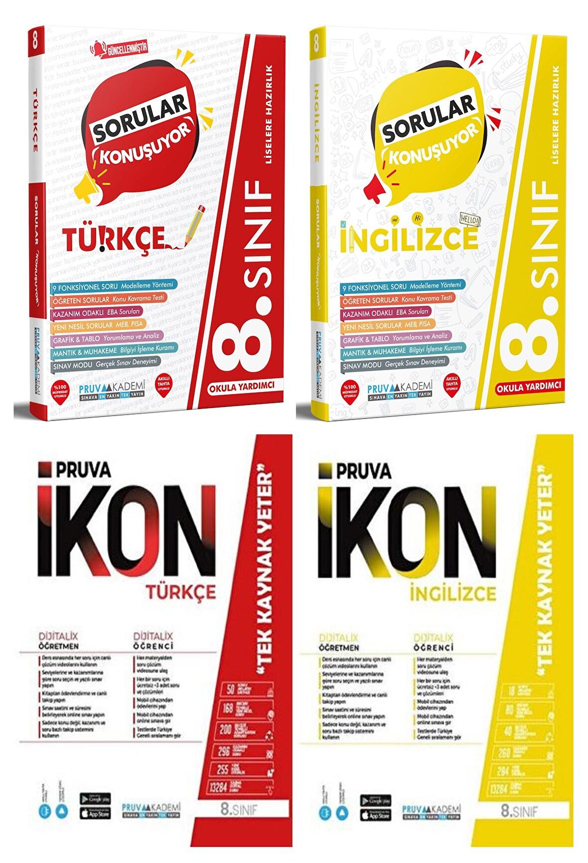 Pruva Akademi 8. Sınıf Türkçe + İngilizce Soru + Defter Seti 4 Kitap 2023