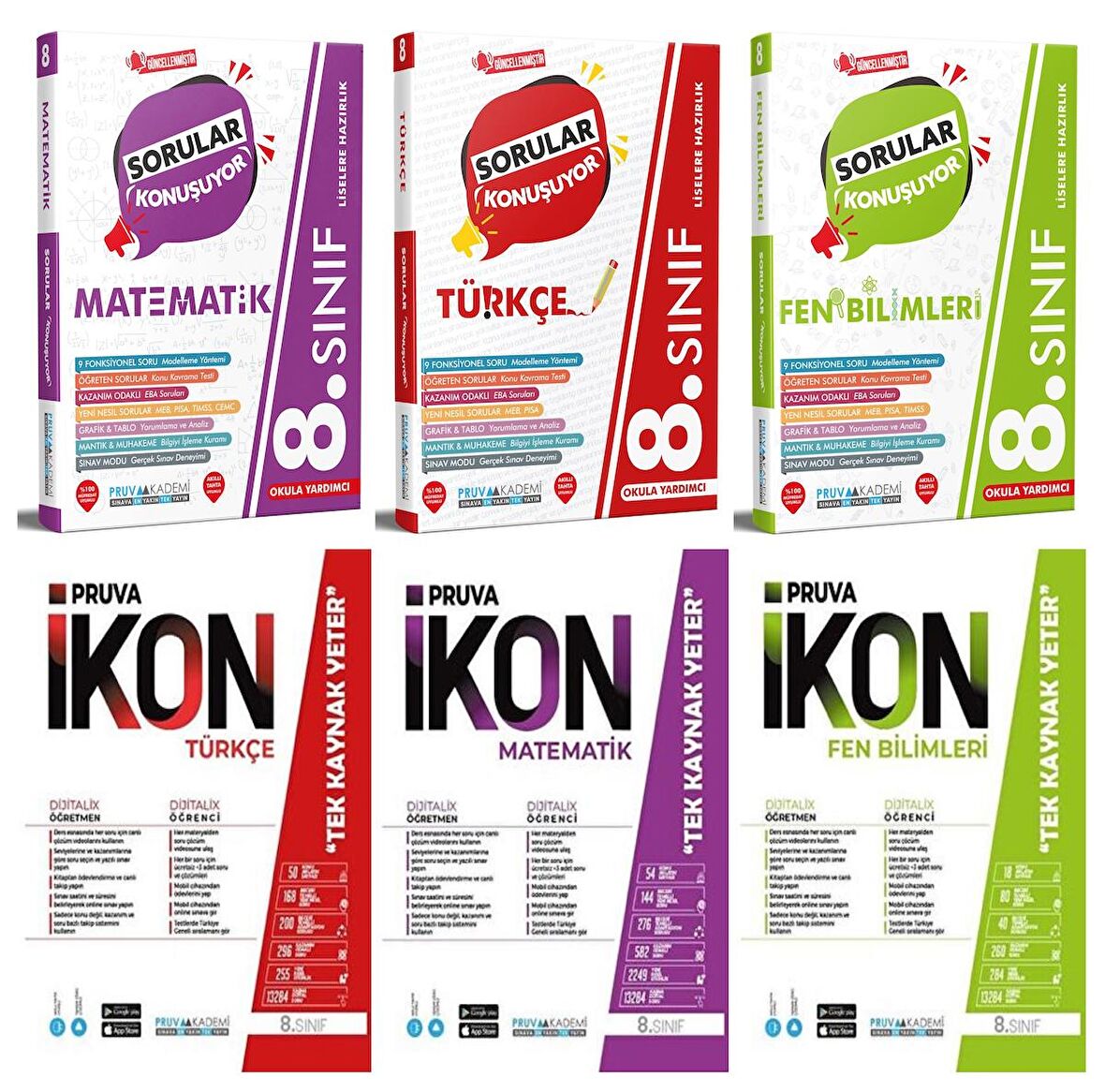 Pruva Akademi 8. Sınıf Matematik + Türkçe + Fen Soru + Defter Seti 6 Kitap 2023