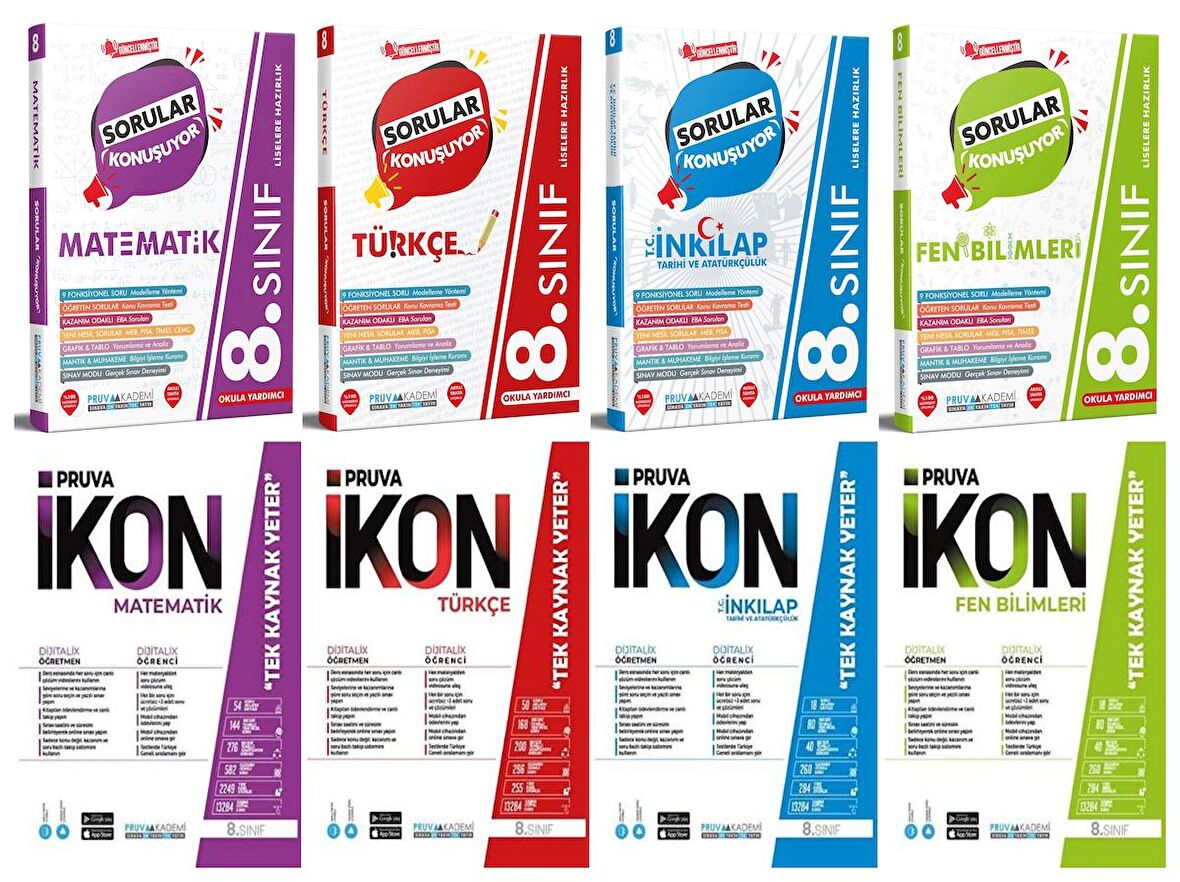 Pruva Akademi 8. Sınıf Matematik Türkçe Fen İngilizce Soru + Defter Seti 8 Kitap 2023