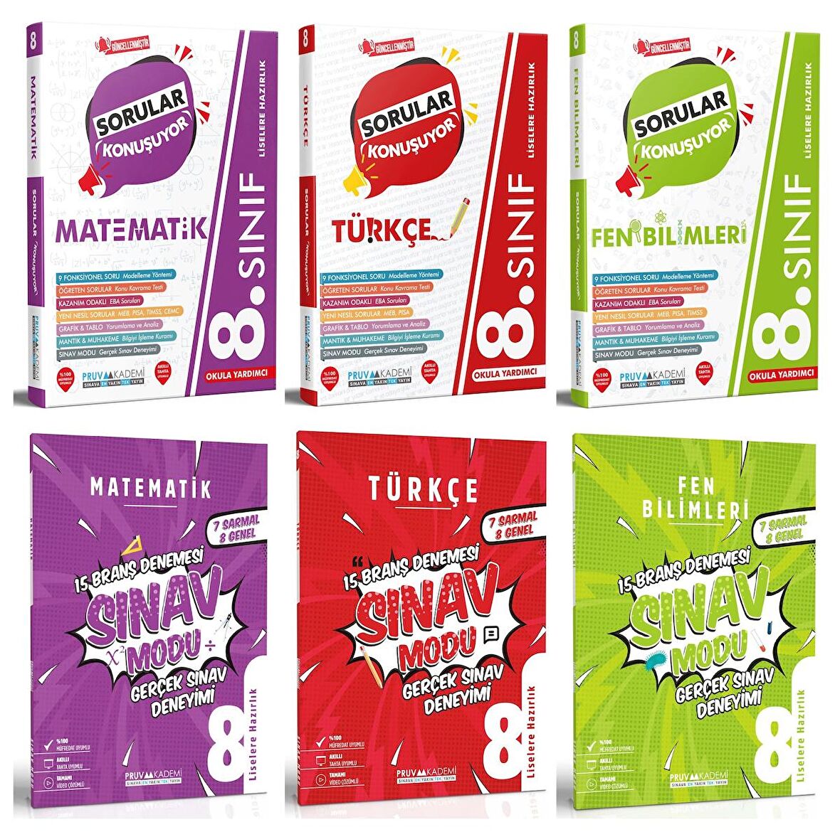 Pruva Akademi 8. Sınıf Matematik + Türkçe + Fen Soru + Deneme Seti 6 Kitap 2023
