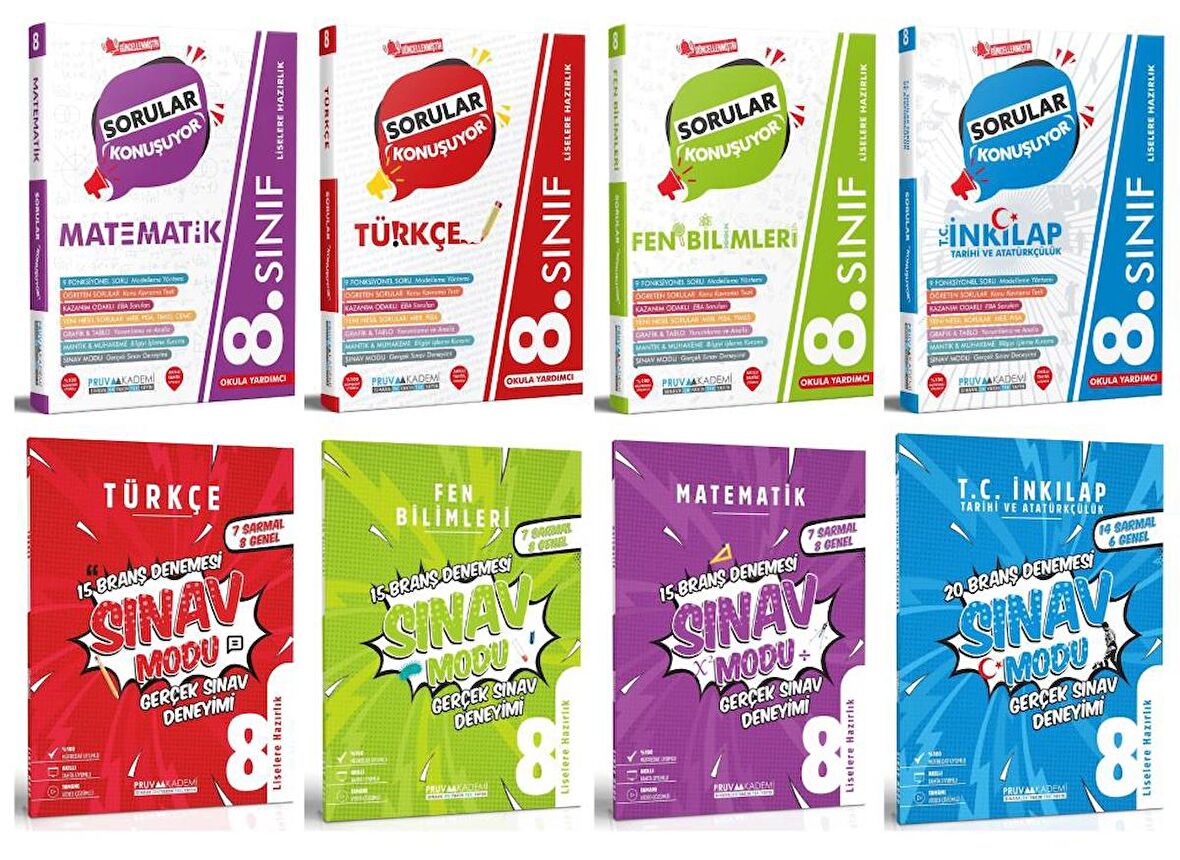 Pruva Akademi 8. Sınıf Matematik İngilizce Fen İnkılap Tarihi Soru + Deneme Seti 8 Kitap 2023